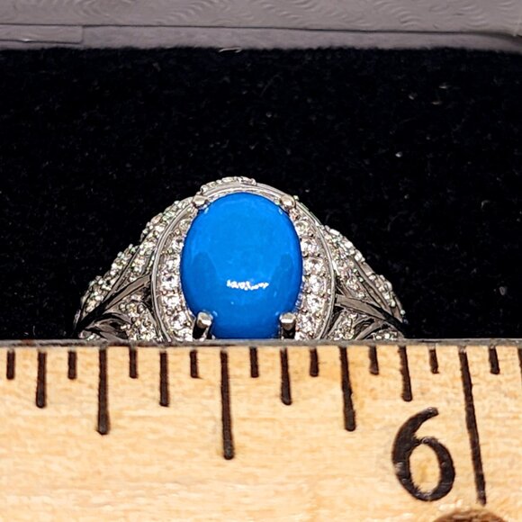 Ceruleite & Natural White Zircon halo ring in Rhodium over 925 SS 2.40ct size 6 - Picture 2 of 6
